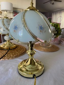 Vintage Brass & Frosted Glass Touch Lamp Blue Floral