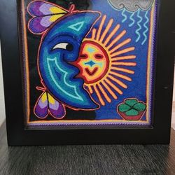 Huichol Yarn Painting  Sun and Moon Eclipse Mexican Wall Art
