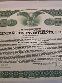 General Tin Investment LTD. 100 shares certificate