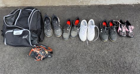 5 Pairs Lightly Used Cleats, sports bag and baseball glove