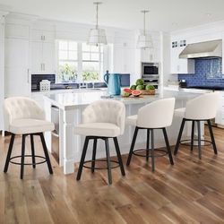 Beige Linen Fabric Upholstered Swivel Bar