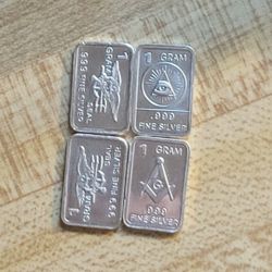 Set Of 4x [1g] All Seeing Eye Bar, ingot, .999 Fine Silver Unique Silver Bars