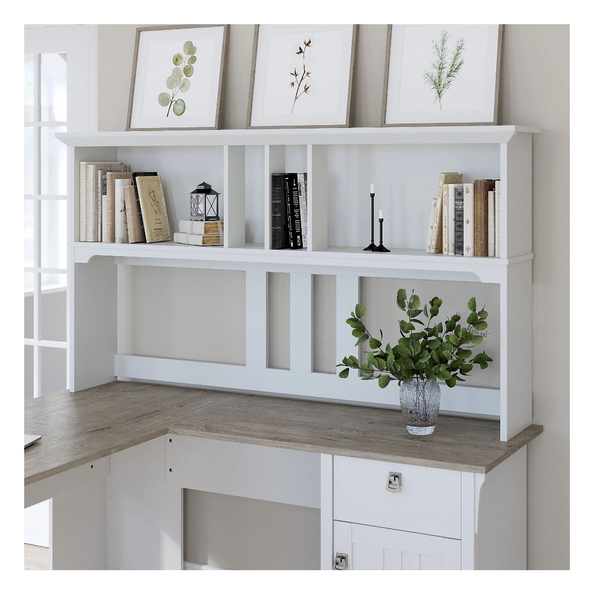 Bush Furniture Salinas Farmhouse 60W Hutch with Storage in Shiplap Gray and White - fits L Shaped Desk