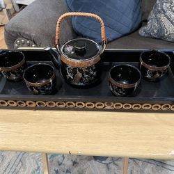  Vintage Black Peacock Tea Set 5 Piece Set And Vintage Black Serving Tray