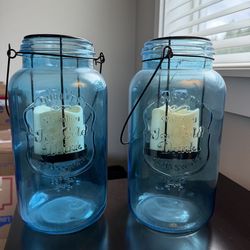 Pair of Decorative Glass Jars with Candle Holders & Battery Operated Candles