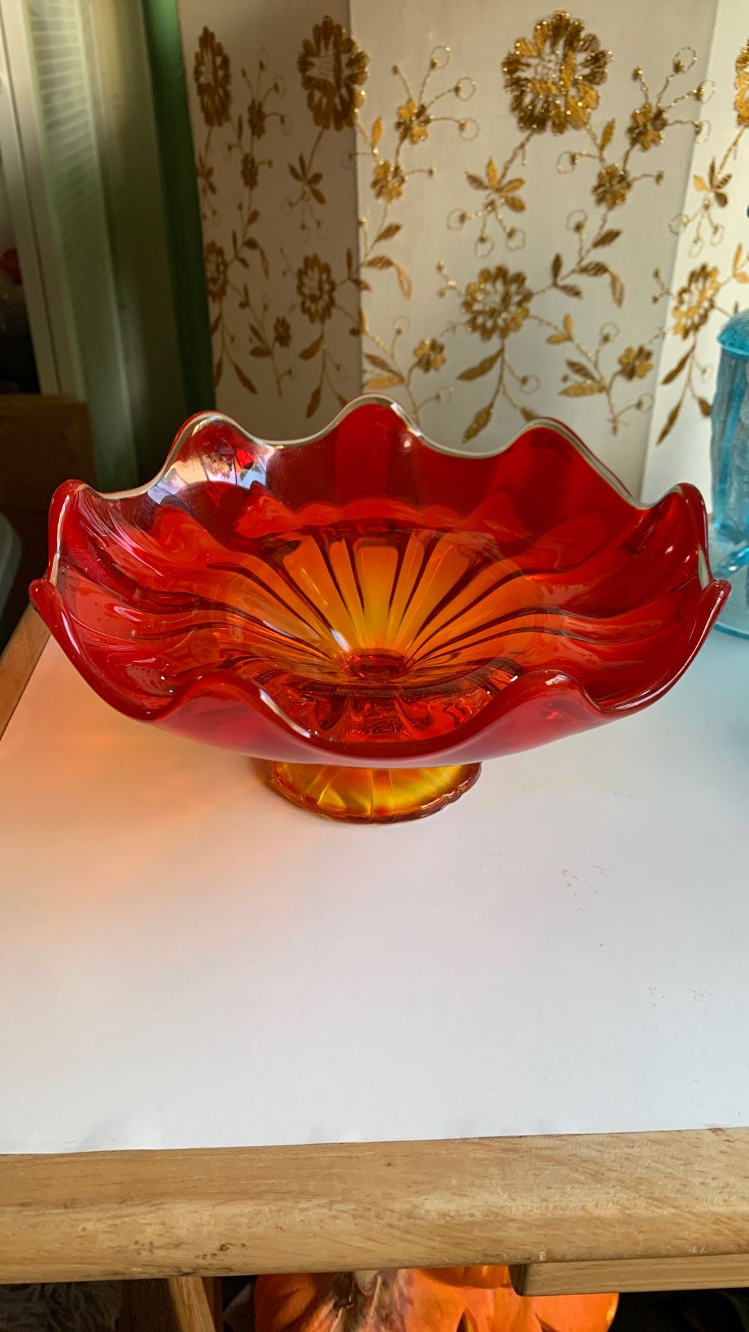 Vintage L E Smith Glass Persimmon ORANGE Open Compote 9 Petal 7.75"