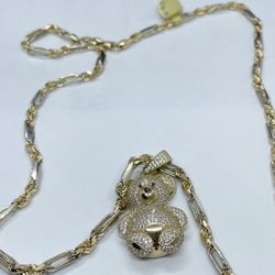 14k solid gold rope chain and bear pendant with cz , necklance gold pendant