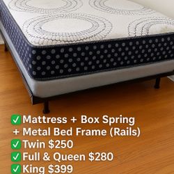 Queen Mattress • Box Spring • Bed Frame (Rails)  📦  🚚 Same Day Delivery