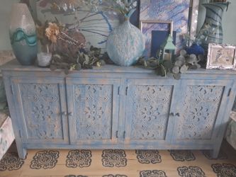 Blue Distressed Wood Sideboard with Carved Doors