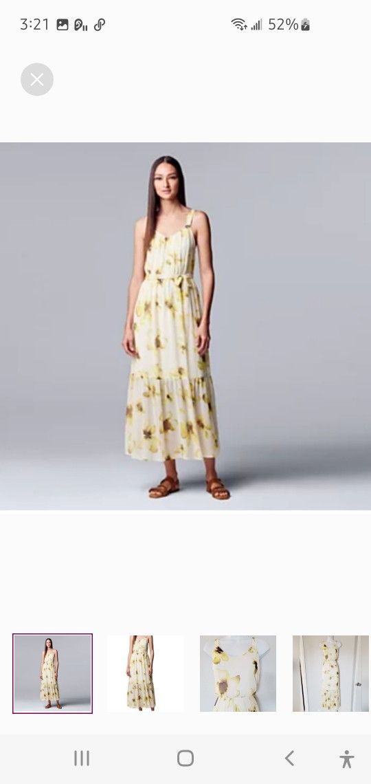 Vera Wang Simply Vera Yellow Smocked Tiered Floral Print Long Maxi Dress Size Small 