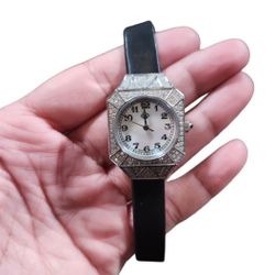 Rarities Silver Toned Gemstones Bling Inlay Mother Of Pearl Leather Watch
