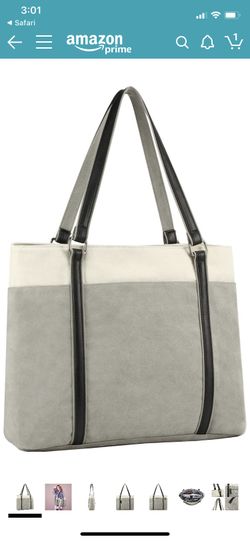 Plambag Women's Laptop Tote Bag, Canvas 15.6" Computer Work Office Handbag(Gray)
