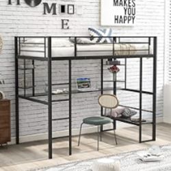 Metal Loft Bed With Long Desk