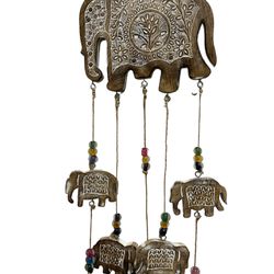 Boho Elephant Carved Natural Wood Wind Chime Dangling String Beads Gold Bells Indie