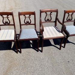 Vintage Antique Duncan Phyfe Style Lyre/Harp Back Mahogany Chairs Regency 4 Set