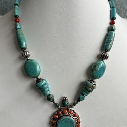 Vintage Tibetan Handmade Necklace  with turquoise,coral and silver 