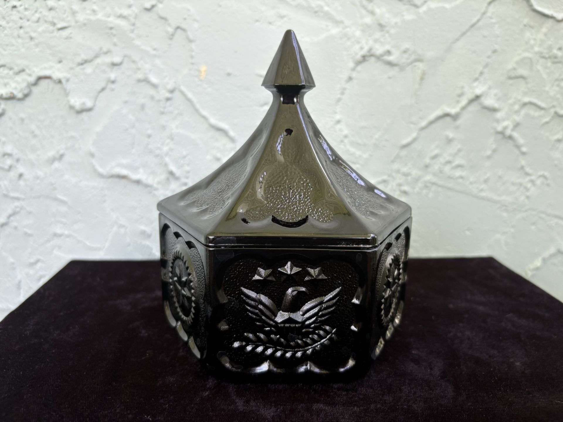 INDIANA Black Amethyst Glass Colonial Hexagonal Lidded Dish