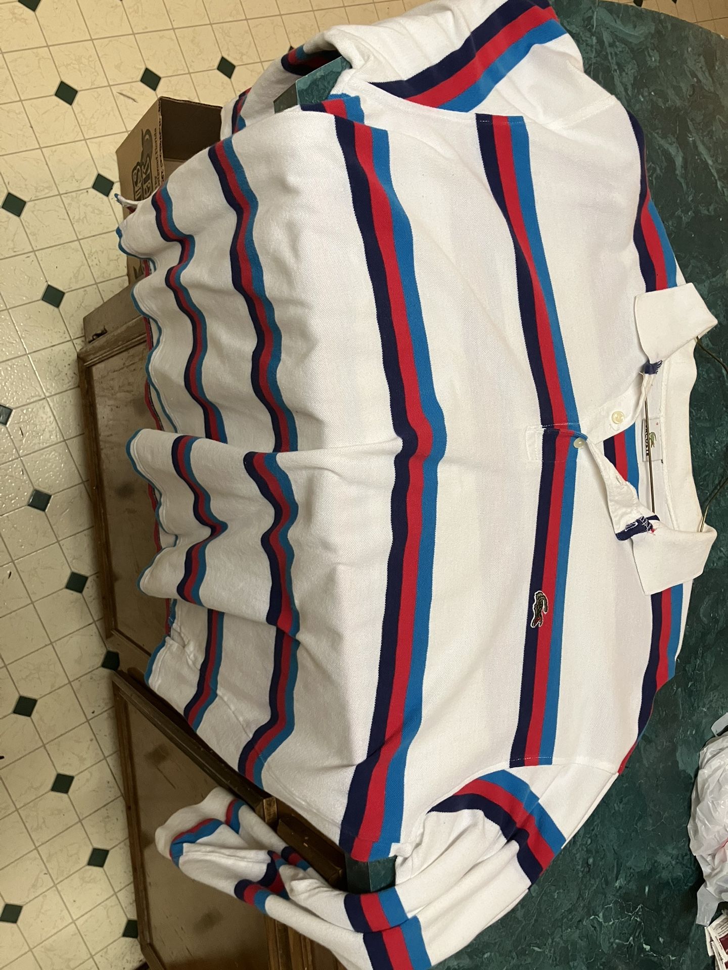Vintage Lacoste Rugby White Polo Shirt Striped Long Sleeve Mens size 9