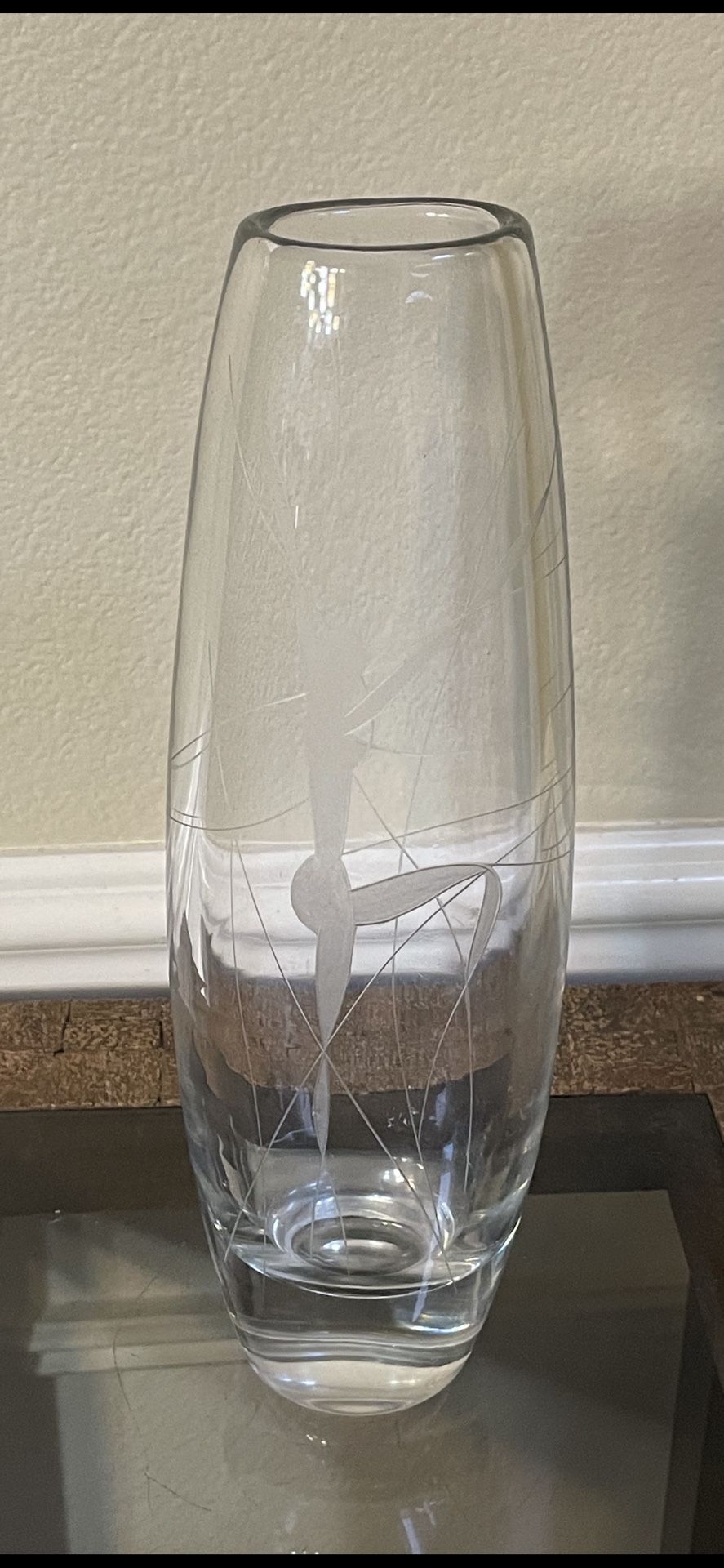 10,5” Vintage Etched Glass Vase with Dancing Nude Woman. Clear Heavy Bottom
