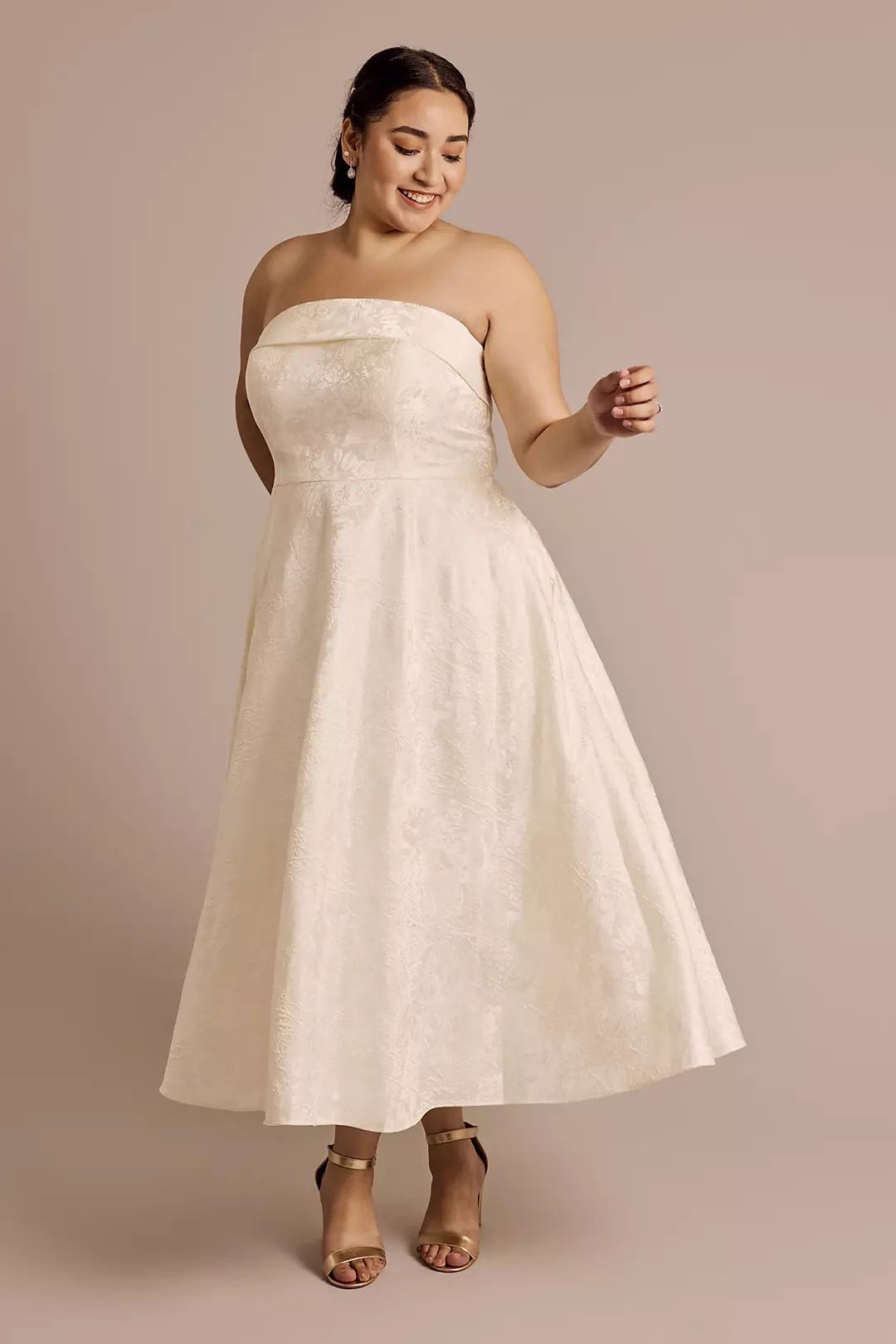Strapless Floral Jacquard Tea Length Dress