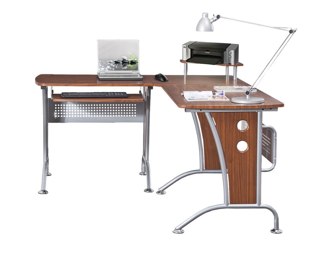 Techni Mobili Deluxe L-Shaped Computer Desk With Pull Out Keyboard Tray, Mahogany (RTA-3806-M615)