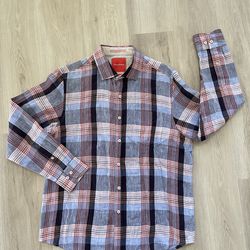Tommy Bahama Island Modern Fit Plaid 100% Linen Shirt Men L Long Sleeve Blue Red