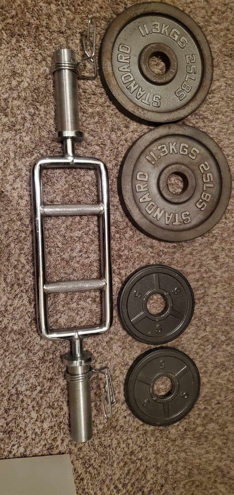 Olympic Weighted Plates and Tricep Bar