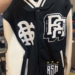 Letterman Jacket, Reason brand, black with off white sleeve, Large