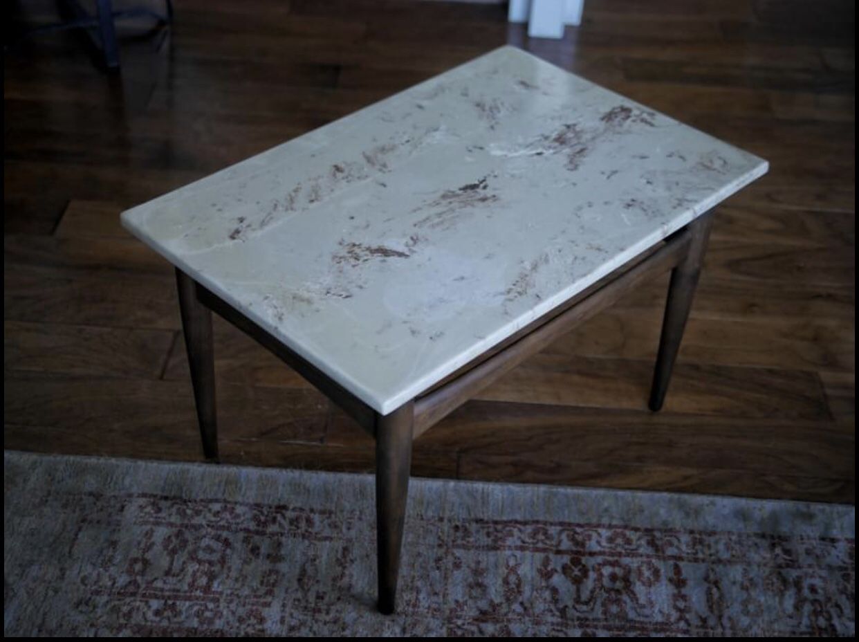 GORGEOUS! Solid Marble & Wood Mid Century Modern Side Table