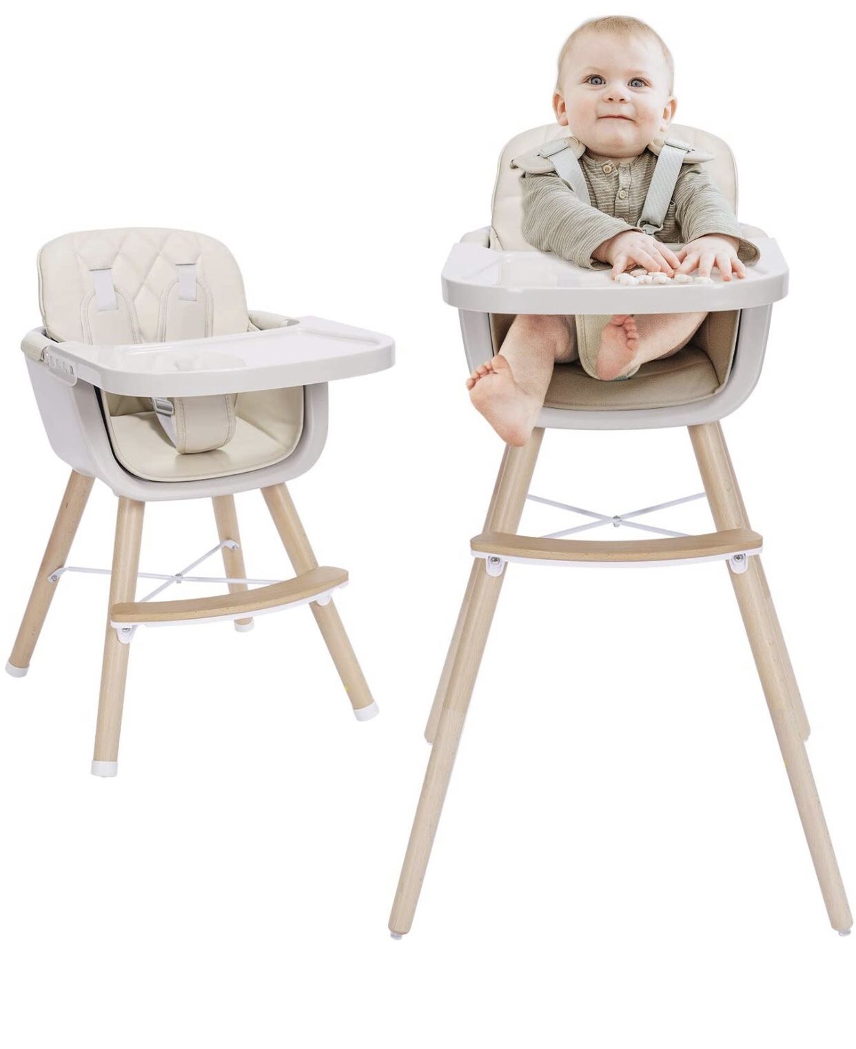 3-in-1 Baby High Chair with Adjustable Legs, Tray -Cream Color, Wooden High Chair , NEW
