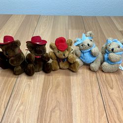 Vintage Commonwealth Teddy Bear,  Red Hat, blue knit, Jointed Head, Arms, Legs - lot of 5 