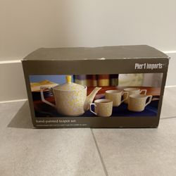 Brand New Pier 1 Teapot Set Hand Painted Yellow 