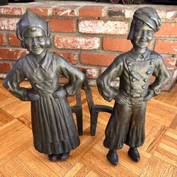 Antique Pair Sheffield Fireplace Andirons — Brass & Cast Iron Dutch Boy and Girl — Early 1900’s —15.5" Tall 