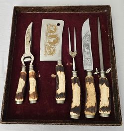 Vintage Solingen Germany 5 Piece Carving Set Stag Horn Antler Handles and Case