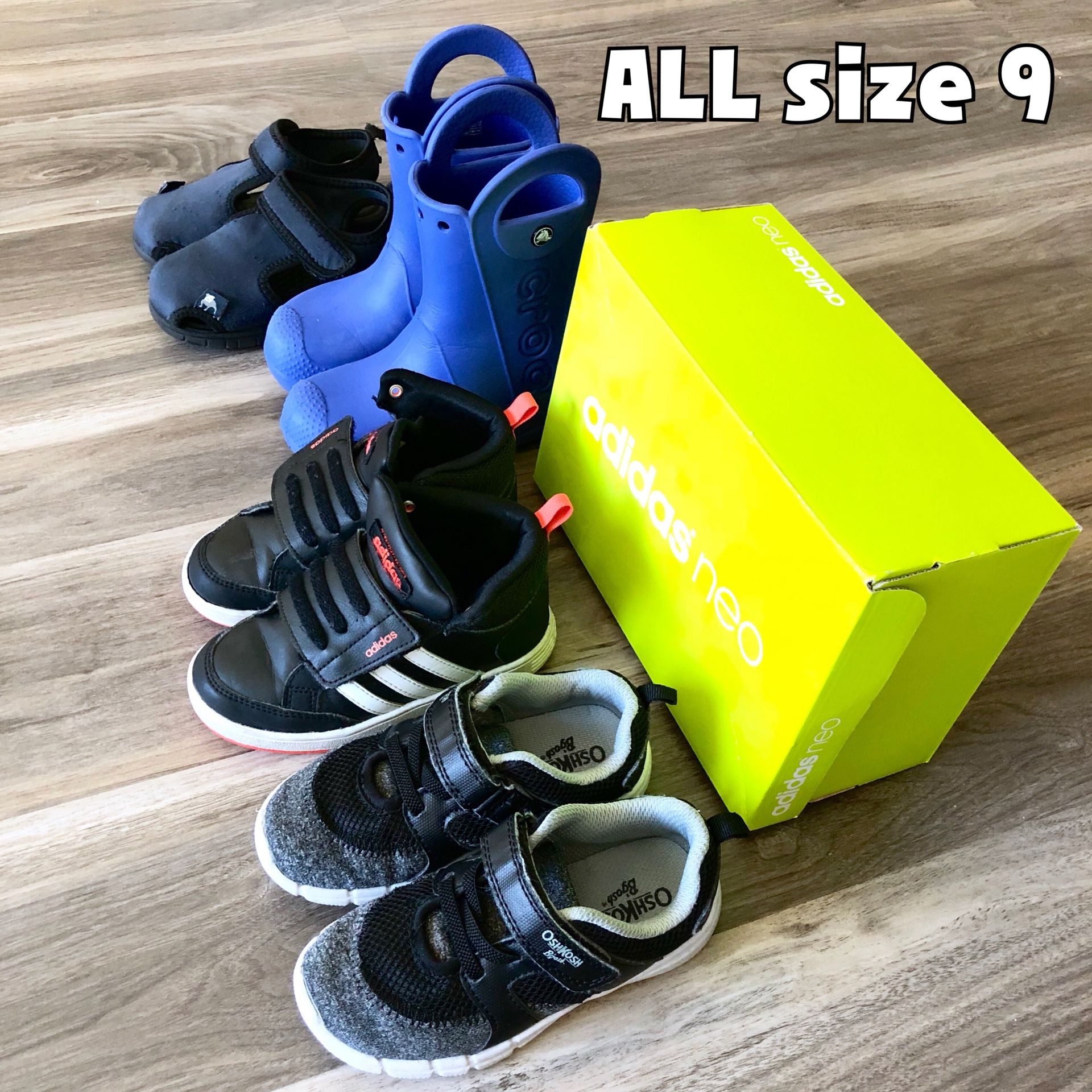 Toddler shoes sneakers boots - OshKosh, Adidas, Crocs, Bum Equipment - all size 9