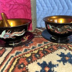 Black Lacquer Chinese Bowls Spoons & Plates Dragon Motif Fitted Box