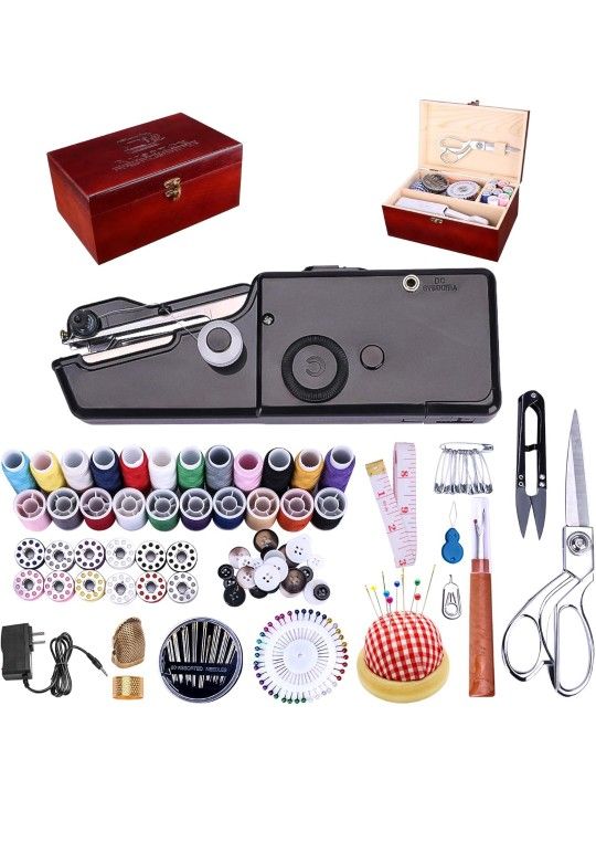 Hand Held Sewing Device for Adults & Beginners, with Wooden Sewing Box and 153 PCS Sewing Kit, Small Portable Handheld, Supports 3 Power Supply Method