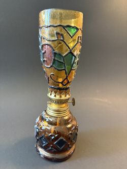 Vintage Sail Boat Brand Amber Stained Glass Oil Lamp 8.5" Hong Kong Retro 1960s