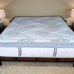 Newer California King 15" Hybrid Gel Spring Pillowtop Mattress and King Platform Bed Frame 