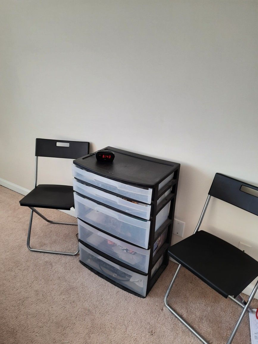 5 Drawer Plastic Storage And 2 Foldable Chairs