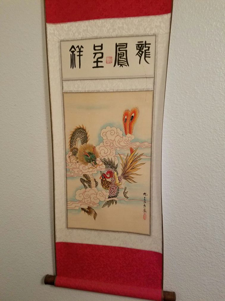 Hand painted Asian scroll wall hanger