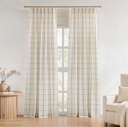 Plaid Linen Curtains, 40"x 90", Flax Linen