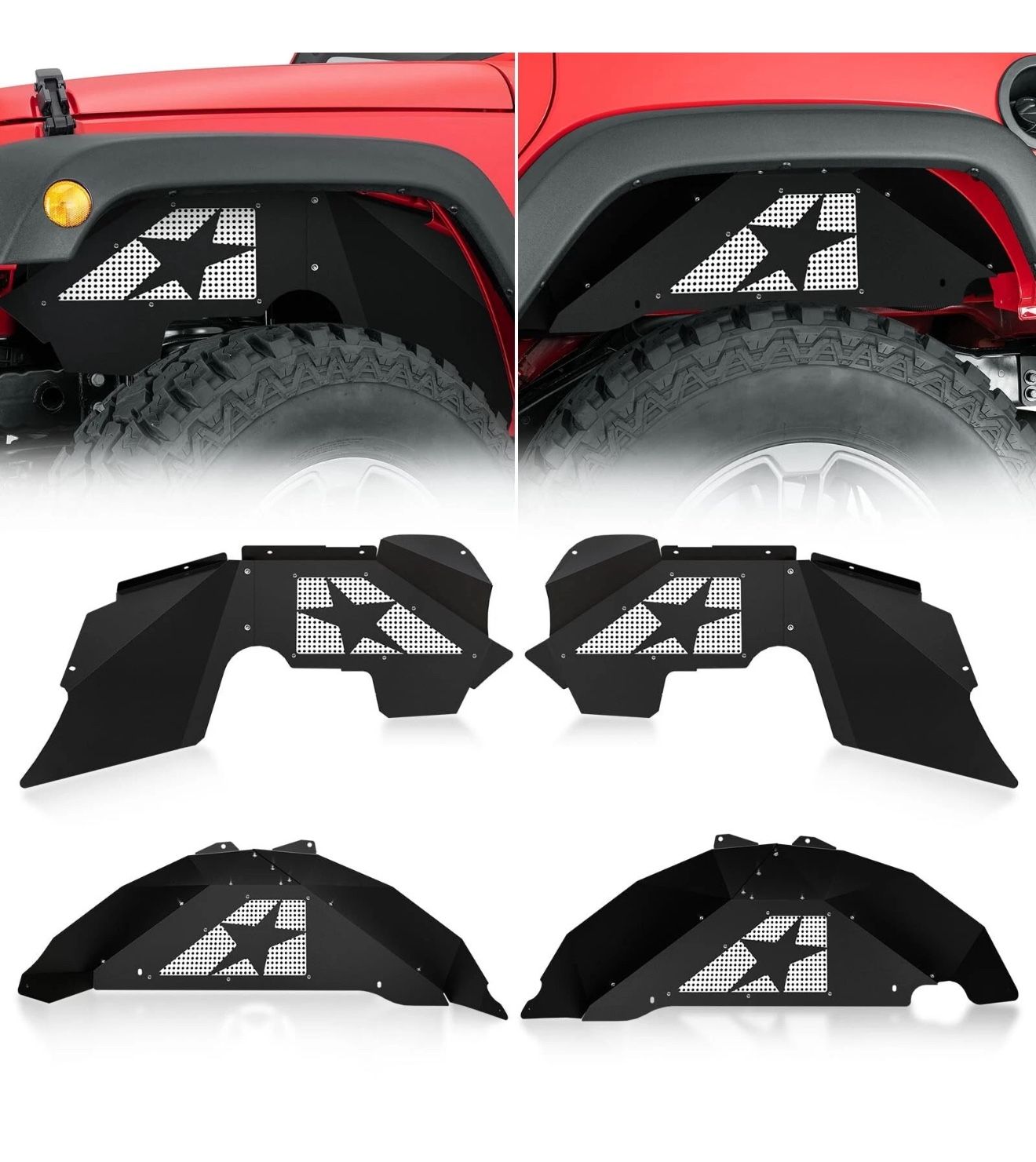 Front & Rear Inner Fender Liners Compatible with 2007-2018 Jeep Wrangler JK & JKU, Slanted White Star Style Mud Guards Steel Wheel Well Cover Fenders 