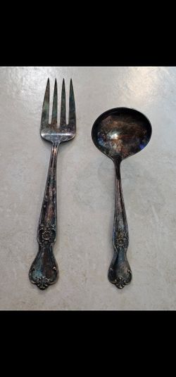 Old Company Plate Vintage 1950 Silver Plated Set Of 2 Ladle Gravy +Fork 9" Monogram "N"