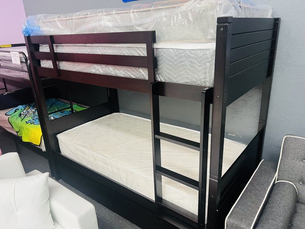Albany Espresso Wood Twin/Twin Bunk Bed (Mattress is not Included)🛒No credit Check 🌟Make your Order Online(FURNITURE)