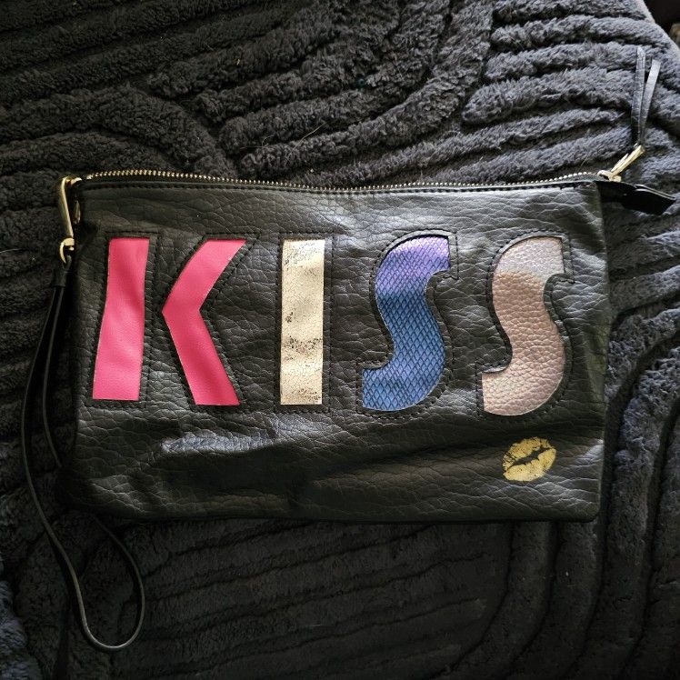 KISS Juicy Couture Black Faux Leather Wristlet Clutch Handbag