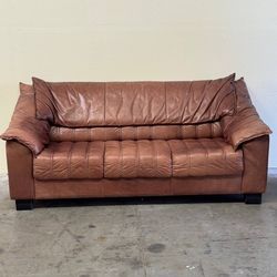 Vintage Danish Leather Sofa – Cognac Brown Real Leather Couch – Mid Century Modern 1970s