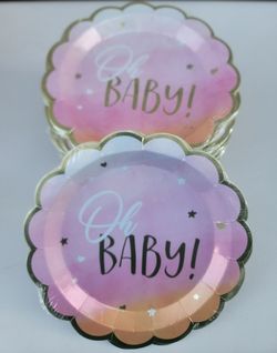 NEW Oh Baby! 10.5" 8 Count (12 Packs $5 Each) Scalloped Round Disposable Paper Dinner Plates Metallic Pink Gold Girl Baby Shower Gender Reveal
