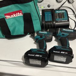 Makita Hammer Drill And Impact With 2 18v Batteries And Charger 