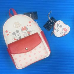 Disney Mickey And Minnie Love Valentine Mini Backpack and Matching Coin Purse - Both NWTS 